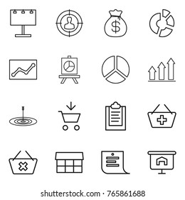 Thin line icon set : billboard, target audience, money bag, circle diagram, statistics, presentation, graph up, add to cart, clipboard, basket, delete, market, shopping list