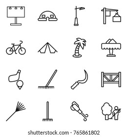 Thin line icon set : billboard, dome house, outdoor light, loading, bike, tent, palm, restaurant, golf, rake, sickle, farm fence, blower, garden cleaning