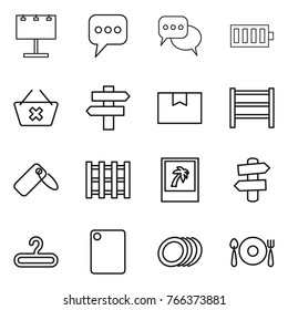 Thin line icon set : billboard, message, discussion, battery, delete cart, singlepost, package box, rack, label, pallet, photo, signpost, hanger, cutting board, plates, fork spoon plate