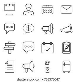 Thin line icon set : billboard, woman, calendar, mail, message, money, megafon, loudspeaker, singlepost, sms, terms, clipboard pen, document, do not distrub, fridge