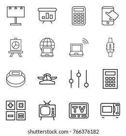 Thin line icon set : billboard, presentation, calculator, touch, notebook globe, wireless, smart watch, bracelet, scales, equalizer, tv, microwave oven