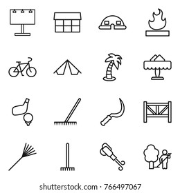 Thin line icon set : billboard, market, dome house, flammable, bike, tent, palm, restaurant, golf, rake, sickle, farm fence, blower, garden cleaning