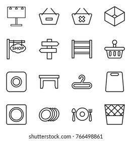 Thin line icon set : billboard, remove from basket, delete cart, box, shop signboard, singlepost, rack, ring button, table, hanger, cutting board, plates, fork spoon plate, trash bin
