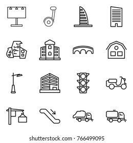 Thin line icon set : billboard, segway, skyscraper, modern architecture, building, bridge, house, outdoor light, office, traffic, scooter shipping, loading, escalator, trash truck, sweeper