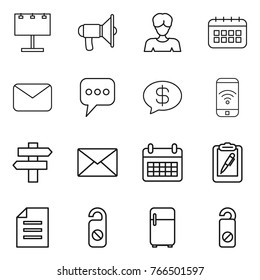 Thin line icon set : billboard, loudspeaker, woman, calendar, mail, message, money, phone wireless, singlepost, clipboard pen, document, do not distrub, fridge