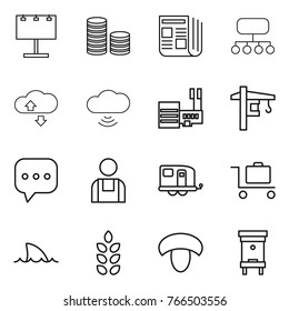 Thin line icon set : billboard, coin stack, newspaper, structure, cloude service, cloud wireless, mall, tower crane, sms, workman, trailer, baggage trolley, shark flipper, spikelets, mushroom, hive
