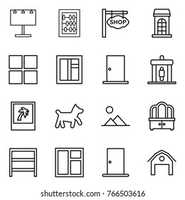 Thin line icon set : billboard, abacus, shop signboard, building, window, door, detector, photo, dog, landscape, dresser, rack, barn
