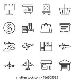 Thin line icon set : billboard, presentation, basket, dollar coin, store, shopping bag, atm receipt, journey, plane, consolidated cargo, airplane, shop, garage