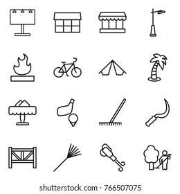 Thin line icon set : billboard, market, outdoor light, flammable, bike, tent, palm, restaurant, golf, rake, sickle, farm fence, blower, garden cleaning