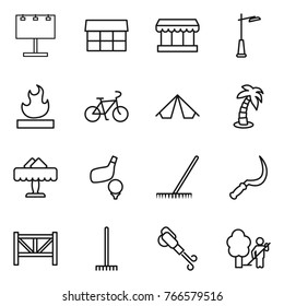 Thin line icon set : billboard, market, outdoor light, flammable, bike, tent, palm, restaurant, golf, rake, sickle, farm fence, blower, garden cleaning