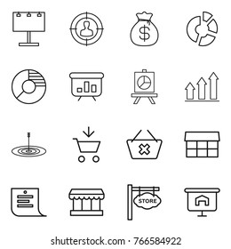 Thin line icon set : billboard, target audience, money bag, circle diagram, presentation, graph up, add to cart, delete, market, shopping list, store signboard