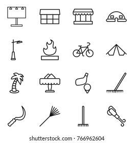 Thin line icon set : billboard, market, dome house, outdoor light, flammable, bike, tent, palm, restaurant, golf, rake, sickle, blower