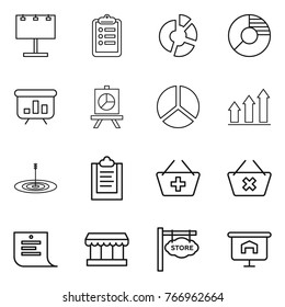Thin line icon set : billboard, clipboard, circle diagram, presentation, graph up, target, add to basket, delete cart, shopping list, market, store signboard
