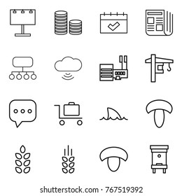 Thin line icon set : billboard, coin stack, calendar, newspaper, structure, cloud wireless, mall, tower crane, sms, baggage trolley, shark flipper, mushroom, spikelets, hive