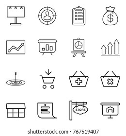 Thin line icon set : billboard, target audience, clipboard, money bag, statistics, presentation, graph up, add to cart, basket, delete, market, shopping list, store signboard