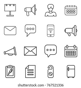 Thin line icon set : billboard, loudspeaker, woman, calendar, mail, message, phone wireless, megafon, sms, clipboard pen, document, do not distrub, fridge