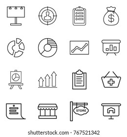 Thin line icon set : billboard, target audience, clipboard, money bag, circle diagram, statistics, presentation, graph up, add to basket, shopping list, market, store signboard