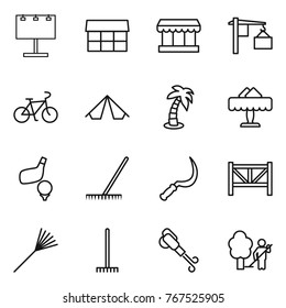 Thin line icon set : billboard, market, loading, bike, tent, palm, restaurant, golf, rake, sickle, farm fence, blower, garden cleaning