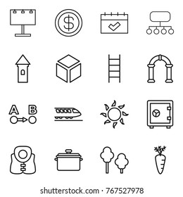 Thin line icon set : billboard, dollar, calendar, structure, tower, 3d, stairs, arch, route a to b, train, sun, safe, life vest, pan, trees, carrot