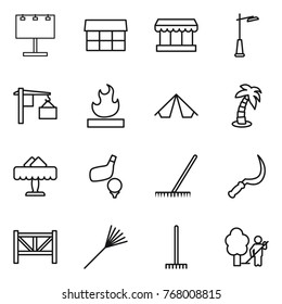 Thin line icon set : billboard, market, outdoor light, loading, flammable, tent, palm, restaurant, golf, rake, sickle, farm fence, garden cleaning
