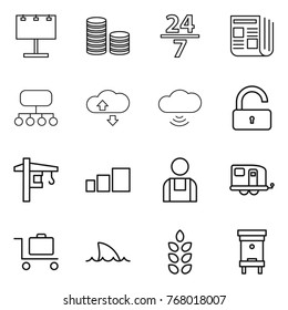 Thin line icon set : billboard, coin stack, 24 7, newspaper, structure, cloude service, cloud wireless, unlock, tower crane, sorting, workman, trailer, baggage trolley, shark flipper, spikelets
