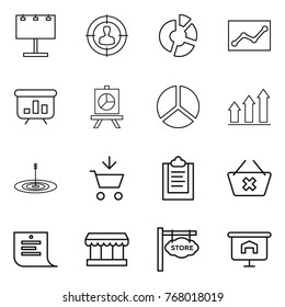 Thin line icon set : billboard, target audience, circle diagram, statistics, presentation, graph up, add to cart, clipboard, delete, shopping list, market, store signboard