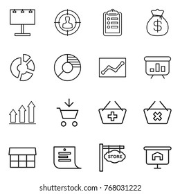 Thin line icon set : billboard, target audience, clipboard, money bag, circle diagram, statistics, presentation, graph up, add to cart, basket, delete, market, shopping list, store signboard
