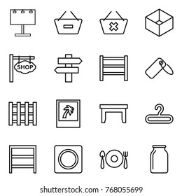 Thin line icon set : billboard, remove from basket, delete cart, box, shop signboard, singlepost, rack, label, pallet, photo, table, hanger, ring button, fork spoon plate, bank