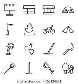 Thin line icon set : billboard, market, dome house, outdoor light, flammable, bike, tent, palm, golf, rake, sickle, blower, garden cleaning