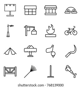 Thin line icon set : billboard, market, dome house, outdoor light, loading, flammable, bike, tent, restaurant, golf, sickle, farm fence, rake, blower