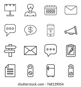 Thin line icon set : billboard, woman, calendar, mail, message, money, phone wireless, loudspeaker, singlepost, sms, clipboard pen, document, do not distrub, fridge