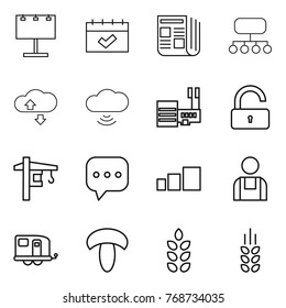 Thin line icon set : billboard, calendar, newspaper, structure, cloude service, cloud wireless, mall, unlock, tower crane, sms, sorting, workman, trailer, mushroom, spikelets