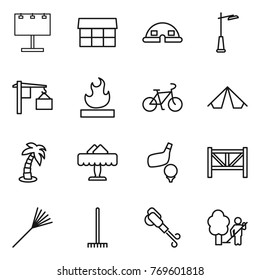 Thin line icon set : billboard, market, dome house, outdoor light, loading, flammable, bike, tent, palm, restaurant, golf, farm fence, rake, blower, garden cleaning