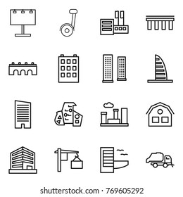 Thin line icon set : billboard, segway, store, bridge, building, skyscrapers, skyscraper, modern architecture, city, house, office, loading, hotel, trash truck