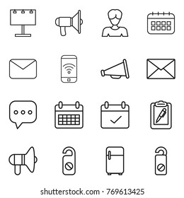 Thin line icon set : billboard, loudspeaker, woman, calendar, mail, phone wireless, sms, terms, clipboard pen, do not distrub, fridge