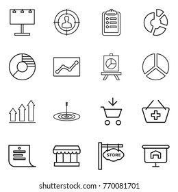Thin line icon set : billboard, target audience, clipboard, circle diagram, statistics, presentation, graph up, add to cart, basket, shopping list, market, store signboard