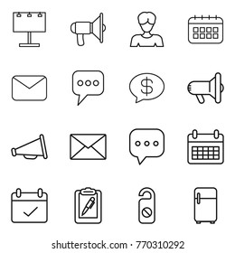 Thin line icon set : billboard, loudspeaker, woman, calendar, mail, message, money, megafon, sms, terms, clipboard pen, do not distrub, fridge