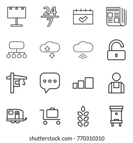 Thin line icon set : billboard, 24 7, calendar, newspaper, structure, cloude service, cloud wireless, unlock, tower crane, sms, sorting, workman, trailer, baggage trolley, spikelets, hive