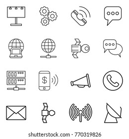 Thin line icon set : billboard, gear, call, message, notebook globe, connect, satellite, discussion, server, phone pay, loudspeaker, mail, wireless, antenna