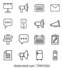 Thin line icon set : billboard, loudspeaker, calendar, mail, message, phone wireless, megafon, singlepost, sms, clipboard pen, document, fridge, do not distrub