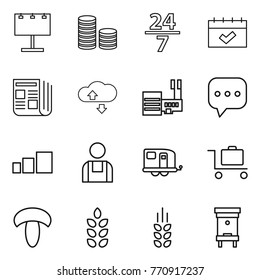 Thin line icon set : billboard, coin stack, 24 7, calendar, newspaper, cloude service, mall, sms, sorting, workman, trailer, baggage trolley, mushroom, spikelets, hive