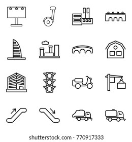 Thin line icon set : billboard, segway, store, bridge, skyscraper, city, house, office, traffic light, scooter shipping, loading, escalator, trash truck, sweeper