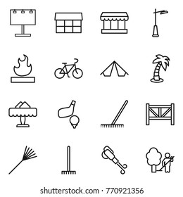 Thin line icon set : billboard, market, outdoor light, flammable, bike, tent, palm, restaurant, golf, rake, farm fence, blower, garden cleaning