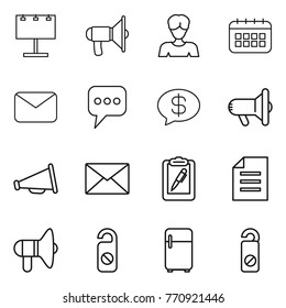 Thin line icon set : billboard, loudspeaker, woman, calendar, mail, message, money, megafon, clipboard pen, document, do not distrub, fridge