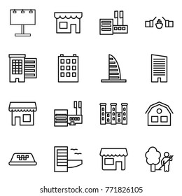 Thin line icon set : billboard, shop, store, drawbridge, houses, building, skyscraper, mall, palace, house, taxi, hotel, garden cleaning
