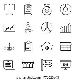 Thin line icon set : billboard, clipboard, money bag, circle diagram, statistics, presentation, graph up, target, add to basket, market, shopping list, store signboard