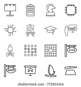 Thin line icon set : billboard, clipboard, chess horse, chip, presentation, graduate hat, hoverboard, cpu, store signboard, shop, windsurfing, cutting board
