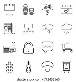 Thin line icon set : billboard, coin stack, 24 7, calendar, newspaper, structure, cloude service, cloud wireless, mall, unlock, sms, baggage trolley, spikelets, mushroom, hive