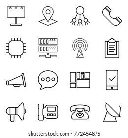 Thin line icon set : billboard, pointer, share, phone, chip, server, antenna, clipboard, loudspeaker, balloon, consolidated cargo, mobile checking, intercome, satellite