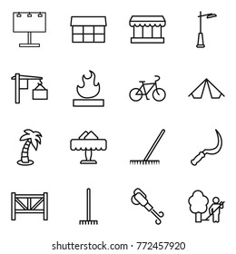 Thin line icon set : billboard, market, outdoor light, loading, flammable, bike, tent, palm, restaurant, rake, sickle, farm fence, blower, garden cleaning